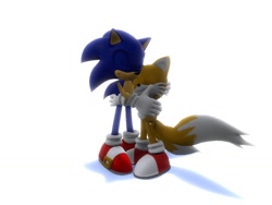 Size: 1024x768 | Tagged: safe, artist:dagmodspartan, miles "tails" prower, sonic the hedgehog, 2014, 3d, duo, eyes closed, hugging, shadow (lighting), simple background, smile, standing, white background