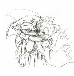 Size: 655x675 | Tagged: safe, artist:jayfoxfire, miles "tails" prower, sonic the hedgehog, 2010, blushing, comforting, crying, duo, eyes closed, floppy ears, simple background, sketch, standing, tears, tears of sadness, white background