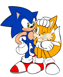 Size: 2800x3400 | Tagged: safe, artist:tacorooster, miles "tails" prower, sonic the hedgehog, 2023, duo, flat colors, hand on another's head, looking at each other, one eye closed, pointing, simple background, smile, standing, white background