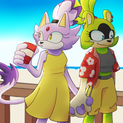 Size: 3000x3000 | Tagged: safe, artist:artboxartist, blaze the cat, surge the tenrec, 2022, alternate outfit, beach, beach outfit, crop top, daytime, dress, drink, drinking, duo, holding hands, holding something, jacket, lesbian, looking offscreen, outdoors, shipping, shorts, smile, standing, surgaze