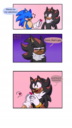 Size: 1080x1920 | Tagged: safe, artist:artboxartist, shadow the hedgehog, sonic the hedgehog, 2021, blushing, comic, dialogue, duo, english text, eyes closed, faic, gay, heart, looking at them, meme, shadow x sonic, shipping, smile, speech bubble, standing, that's gay, valentine's day