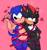 Size: 1280x1368 | Tagged: safe, artist:beastofeuthanasia, shadow the hedgehog, sonic the hedgehog, 2020, belly button, chubby, duo, gay, heart, holding something, looking at each other, pink background, ribbon, shadow x sonic, shipping, signature, simple background, smile, standing, tied up, valentine's day