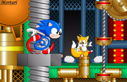 Size: 3700x2400 | Tagged: safe, artist:bihmortari, miles "tails" prower, sonic the hedgehog, metropolis zone, sonic the hedgehog 2, 2020, abstract background, balancing, classic sonic, classic tails, corkscrew, duo, dust clouds, looking ahead, looking down, looking offscreen, running, signature, standing on one leg