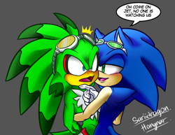 Size: 640x493 | Tagged: safe, artist:hhuniii, jet the hawk, sonic the hedgehog, 2017, blushing, dialogue, duo, english text, flirting, gay, grey background, jet x sonic, lidded eyes, looking at them, looking offscreen, mouth open, shipping, signature, simple background, sonic riders, speech bubble, standing, surprised