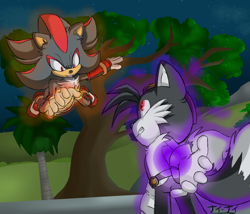 Size: 3500x3000 | Tagged: safe, artist:shad-kun, miles "tails" prower, shadow the hedgehog, comic:dark tails unleashed, 2019, abstract background, dark form, dark tails, duo, fanfiction art, fight, looking at each other, mid-air, nighttime, outdoors, sonic boom (tv), standing, star (sky), tree