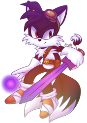 Size: 4092x5787 | Tagged: safe, artist:anettruby, miles "tails" prower, fanfic:dark tails unleashed, 2018, dark form, dark tails, energy ball, fanfiction art, frown, holding something, signature, simple background, solo, sword, transparent background