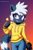 Size: 512x768 | Tagged: safe, ai art, artist:mobians.ai, tangle the lemur, 2024, alternate outfit, clenched fists, fingerless gloves, gradient background, grin, hoodie, jeans, looking at viewer, smile, solo, standing, star (symbol)