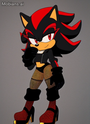 Size: 512x703 | Tagged: safe, ai art, artist:mobians.ai, shadow the hedgehog, 2024, alternate outfit, black gloves, clothes, club outfit, crop jacket, crop top, eyelashes, femboy, fishnets, gloves, gradient background, heels, jacket, lidded eyes, looking at viewer, smile, solo, stupid sexy shadow