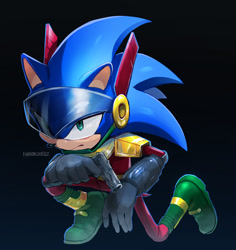 Size: 844x893 | Tagged: safe, artist:harooncookiez720, sonic the hedgehog, zonic the zone cop, 2022, frown, gradient background, gun, holding something, kneeling, looking ahead, looking offscreen, signature, solo