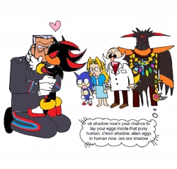 Size: 1411x1343 | Tagged: suggestive, artist:blingeepilled, black doom, gerald robotnik, maria robotnik, sonic the hedgehog, human, 2024, english text, g.u.n. commander, g.u.n. commander x shadow, gay, group, heart, kiss, shipping, thought bubble