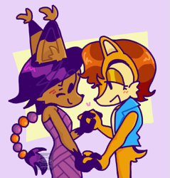 Size: 995x1042 | Tagged: safe, artist:clarinettispaghetti, nicole the hololynx, sally acorn, abstract background, blushing, cute, duo, eye clipping through hair, heart, holding hands, lesbian, lidded eyes, looking at them, mouth open, nicabetes, nicole x sally, pixel art, sallabetes, shipping, smile, standing