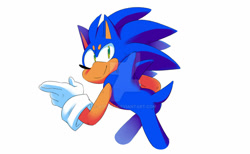 Size: 1024x631 | Tagged: safe, artist:apotoz, sonic the hedgehog, 2017, deviantart watermark, looking at viewer, looking over shoulder, obtrusive watermark, pointing, simple background, smile, solo, standing, watermark, white background