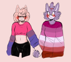 Size: 800x700 | Tagged: safe, artist:imqueerdeer, amy rose, blaze the cat, 2017, alternate outfit, amy x blaze, beanbrows, bisexual, bisexual pride, blushing, clothes, crop top, duo, eyes closed, flustered, gloves off, holding hands, lesbian, lesbian pride, looking offscreen, mouth open, pants, pink background, pride, pride clothes, shipping, simple background, smile, standing, sweater