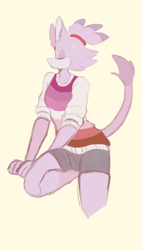 Size: 512x900 | Tagged: safe, artist:imqueerdeer, blaze the cat, 2017, alternate outfit, clothes, cream background, eyes closed, frown, gloves off, lesbian, lesbian pride, pride, shirt, shorts, simple background, solo