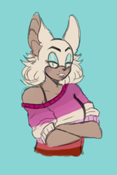 Size: 400x600 | Tagged: safe, artist:imqueerdeer, rouge the bat, 2017, alternate outfit, arms folded, beauty spot, blue background, blushing, bust, clenched teeth, clothes, lesbian, lesbian pride, lidded eyes, looking at viewer, pride, shirt, simple background, solo