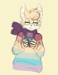 Size: 700x900 | Tagged: safe, artist:imqueerdeer, miles "tails" prower, 2017, alternate outfit, beanbrows, clenched teeth, ear fluff, eyelashes, gay, gay pride, gloves off, holding something, lidded eyes, looking at viewer, mug, painted fingernails, pride, scarf, simple background, smile, solo, sweater, yellow background, yellow sclera