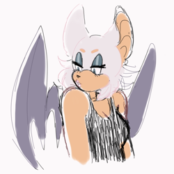 Size: 512x512 | Tagged: safe, artist:imqueerdeer, rouge the bat, 2017, alternate outfit, beanbrows, bust, cleavage, clenched teeth, clothes, eyelashes, grey background, lidded eyes, looking offscreen, looking over shoulder, simple background, solo, tank top