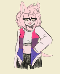 Size: 650x800 | Tagged: safe, artist:imqueerdeer, amy rose, 2017, alternate outfit, bisexual, bisexual pride, clothes, crop top, eyelashes, hand in pocket, jacket, lidded eyes, looking at viewer, mouth open, open jacket, pants, pride, simple background, smile, solo, standing, yellow background