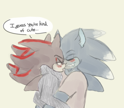 Size: 800x700 | Tagged: safe, artist:imqueerdeer, shadow the hedgehog, sonic the hedgehog, 2017, alternate outfit, blushing, clothes, cream background, dialogue, duo, ear fluff, english text, eyes closed, gay, holding each other, hugging, lidded eyes, looking at them, mouth open, shadow x sonic, shipping, shirt, simple background, sonic the werehog, speech bubble, sweater, turtleneck sweater, were form, werehog