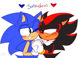 Size: 2700x2000 | Tagged: safe, artist:yoshiyoshi700, shadow the hedgehog, sonic the hedgehog, 2021, blushing, clenched teeth, duo, frown, gay, heart, holding hands, looking at them, looking away, looking offscreen, one eye closed, shadow x sonic, ship name, shipping, smile, standing, tsundere