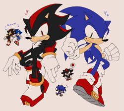 Size: 1505x1350 | Tagged: safe, artist:anerrorsanskinnie, shadow the hedgehog, sonic the hedgehog, 2024, beige background, duo, flat colors, frown, heart, looking at viewer, redraw, reference inset, simple background, smile