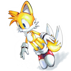 Size: 1084x1084 | Tagged: safe, artist:genesishero, miles "tails" prower, 2024, looking offscreen, shadow (lighting), simple background, smile, solo, standing, white background