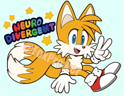 Size: 761x588 | Tagged: safe, artist:devotedsidekick, miles "tails" prower, 2023, autistic, blue background, cute, english text, looking offscreen, mouth open, neurodivergant, obtrusive watermark, one fang, signature, simple background, sitting, smile, solo, star (symbol), tailabetes, v sign, watermark