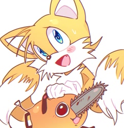 Size: 1027x1061 | Tagged: safe, artist:koasku, miles "tails" prower, 2022, blushing, chainsaw, cute, holding something, looking offscreen, mouth open, one fang, simple background, smile, solo, sweatdrop, tailabetes, white background