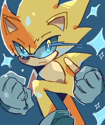 Size: 1240x1481 | Tagged: safe, artist:koasku, sonic the hedgehog, super sonic 2, 2023, blue background, clenched fists, flying, frown, looking at viewer, simple background, solo, star (symbol), super form