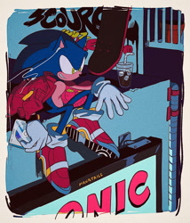 Size: 1717x2010 | Tagged: safe, artist:tsutsuuraurami, sonic the hedgehog, 2020, cd, drink, jacket, sitting, skateboard, soap shoes, solo