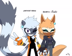 Size: 2048x1587 | Tagged: safe, artist:buddyhyped, tangle the lemur, whisper the wolf, 2024, alternate outfit, blazer, bodysuit, clothes, duo, ear piercing, earring, english text, eyes closed, holding hands, lesbian, looking at viewer, meme, pants, shipping, shirt, signature, smile, standing, tangle x whisper, v sign, wink