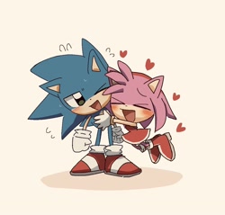 Size: 1076x1027 | Tagged: safe, artist:pita_b882, amy rose, sonic the hedgehog, 2024, amy x sonic, duo, eyes closed, heart, hugging, shipping, simple background, straight