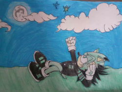 Size: 1032x774 | Tagged: safe, artist:theoneandonlycactus, oc, oc:cactus the hedgehog, hedgehog, fingerless gloves, gloves, green eyes, green fur, jacket, male, shoes, socks, solo, traditional media