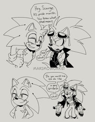 Size: 781x996 | Tagged: safe, artist:scourgefrontier, scourge the hedgehog, sonic the hedgehog, dialogue, duo, english text, grey background, it's pride month do you know what that means, meme, monochrome, simple background, speech bubble, top surgery scars, trans male, transgender