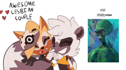 Size: 2048x1145 | Tagged: safe, artist:grawlix-ness, tangle the lemur, whisper the wolf, awesome lesbian couple vs x, cute, duo, english text, eyes closed, fangs, heart, lesbian, luca (shark tale), meme, shark tale, shipping, simple background, standing, tail hug, tangle x whisper, white background