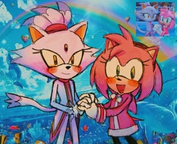 Size: 2048x1669 | Tagged: safe, artist:clementartz, amy rose, blaze the cat, 2024, abstract background, amy x blaze, amybetes, blazebetes, blushing, clouds, cute, daytime, duo, fish, holding hands, lesbian, lesbian visibility day, literal animal, looking at viewer, mario and sonic at the 2020 olympic games, mouth open, outdoors, rainbow, redraw, reference inset, shipping, smile, sparkles, standing, sun, water