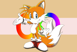 Size: 1200x800 | Tagged: safe, artist:yourblorboisautistic, miles "tails" prower, autism symbol, autistic, autistic pride, edit, looking at viewer, pride flag background, smile, solo, standing