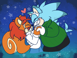 Size: 800x600 | Tagged: safe, artist:galaxysodapop, uncle chuck, 2023, abstract background, blushing, cute, duo, eyes closed, gay, heart, holding each other, holding hands, mouth open, nigel acorn, nigel x uncle chuck, nigelbetes, shipping, signature, smile, star (symbol), uncle chuckabetes, wagging tail