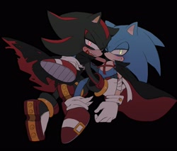 Size: 2822x2407 | Tagged: safe, artist:roastedgarlics2, shadow the hedgehog, sonic the hedgehog, bandage, bite mark, blood, blood on face, cape, duo, gay, grin, halloween, halloween outfit, injured, looking at viewer, shadow x sonic, shipping, simple background, smile, vampire, white background