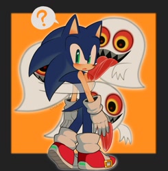 Size: 1255x1281 | Tagged: safe, artist:61chami, boo, sonic the hedgehog, sonic adventure 2, border, ghost, group, halloween, hugging, hugging from behind, licking, orange background, question mark, simple background, standing, tongue out