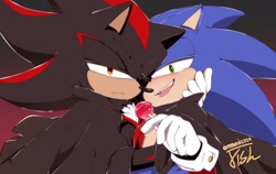 Size: 2048x1291 | Tagged: safe, artist:fiiiiish91314, shadow the hedgehog, sonic the hedgehog, candy, duo, food, gay, halloween, halloween outfit, lidded eyes, lollipop, looking at viewer, saliva, saliva trail, shadow x sonic, shipping, smile