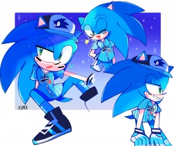 Size: 2048x1720 | Tagged: safe, artist:kumakumaoii, sonic the hedgehog, baseball uniform, hat, multiple views, shirt, solo, star (symbol)