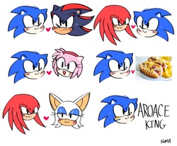 Size: 1000x822 | Tagged: safe, artist:kumakumaoii, amy rose, knuckles the echidna, rouge the bat, shadow the hedgehog, sonic the hedgehog, amy x sonic, chili dog, english text, food, gay, head only, heart, knuxonic, knuxouge, shadow x sonic, shipping, simple background, straight, white background