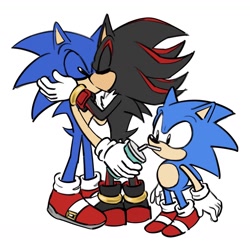 Size: 1957x1944 | Tagged: safe, artist:renae022, shadow the hedgehog, sonic the hedgehog, sonic x shadow generations, 2024, classic sonic, drink, drinking, eyes closed, gay, holding something, holding them, kiss, meme, milkshake, self paradox, shadow x sonic, shipping, simple background, standing, trio, white background