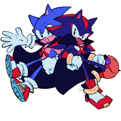 Size: 700x700 | Tagged: safe, artist:kitcartt_, shadow the hedgehog, sonic the hedgehog, basket, cape, duo, gay, halloween, halloween outfit, holding something, linking arms, looking at viewer, mouth open, shadow x sonic, shipping, signature, simple background, smile, white background