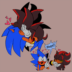 Size: 700x700 | Tagged: safe, artist:virune, shadow the hedgehog, sonic the hedgehog, beige background, blushing, dialogue, duo, eyes closed, freckles, gay, green blush, heart, holding each other, kiss, mouth open, one fang, shadow x sonic, shipping, simple background, smile