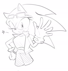 Size: 1960x2048 | Tagged: safe, artist:tamjeong_sonic, sonic the hedgehog, gender swap, greyscale, hand up, jacket, monochrome, shorts, simple background, solo, star (symbol), waving, white background, wink