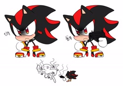 Size: 2048x1445 | Tagged: safe, artist:tamjeong_sonic, shadow the hedgehog, chibi, duo, frown, gun, holding something, korean text