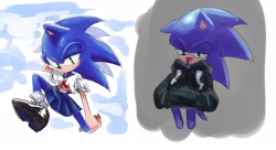 Size: 2048x1118 | Tagged: safe, artist:tamjeong_sonic, sonic the hedgehog, alternate outfit, crossdressing, hands in pocket, hoodie, multiple views, schoolgirl outfit, shirt, skirt, solo, tongue out