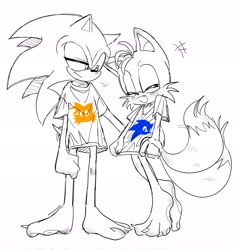 Size: 1947x2048 | Tagged: safe, artist:tamjeong_sonic, miles "tails" prower, sonic the hedgehog, barefoot, blushing, duo, greyscale, monochrome, shirt, spot color, standing